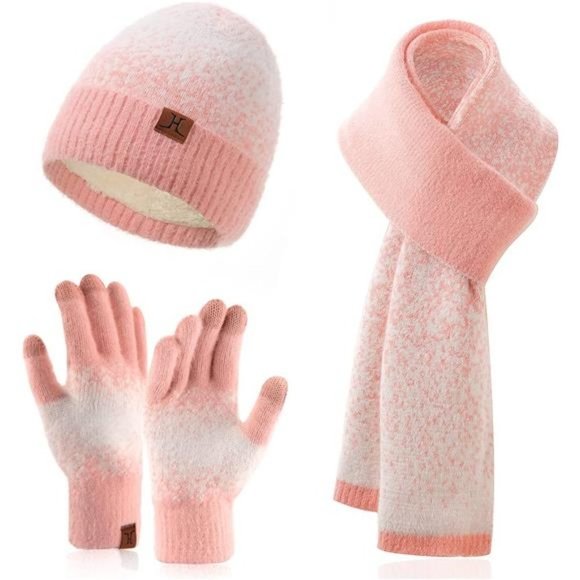 Other - 𝅺winter Knitted Warm Set Scarf and Hat Touch Screen Gloves Pink